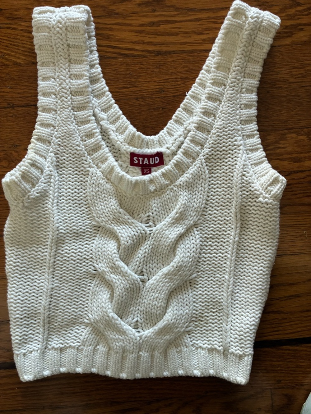 STAUD Cream Cable Knit V-Neck Crop Tank
